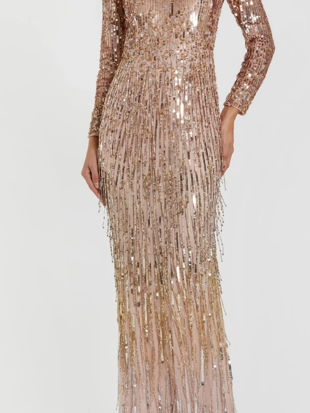Mac Duggal Rose Gold Sequin Fringe Long-Sleeve Gown